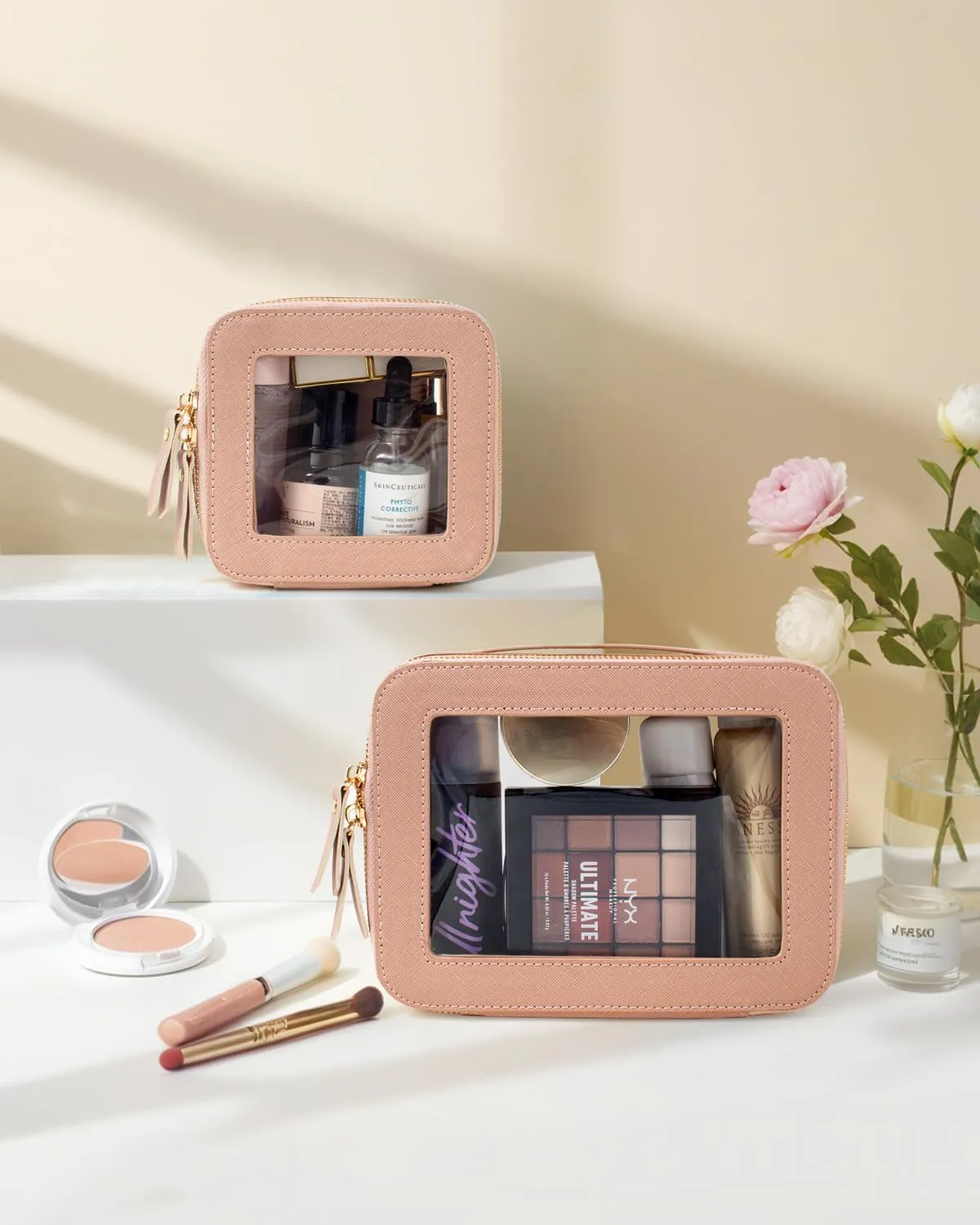 KOTORA Small Makeup Bag for Purse Cute Travel Makeup Bag Clear Cosmetic Bag with Zipper, Car Make Up Bag Organizer Storage Traveling Car Accessories Travel Essentials for Women (Nude Pink)