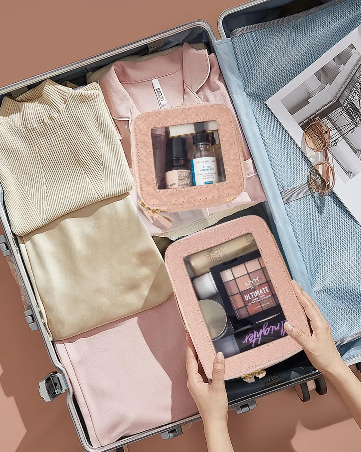 KOTORA Small Makeup Bag for Purse Cute Travel Makeup Bag Clear Cosmetic Bag with Zipper, Car Make Up Bag Organizer Storage Traveling Car Accessories Travel Essentials for Women (Nude Pink)