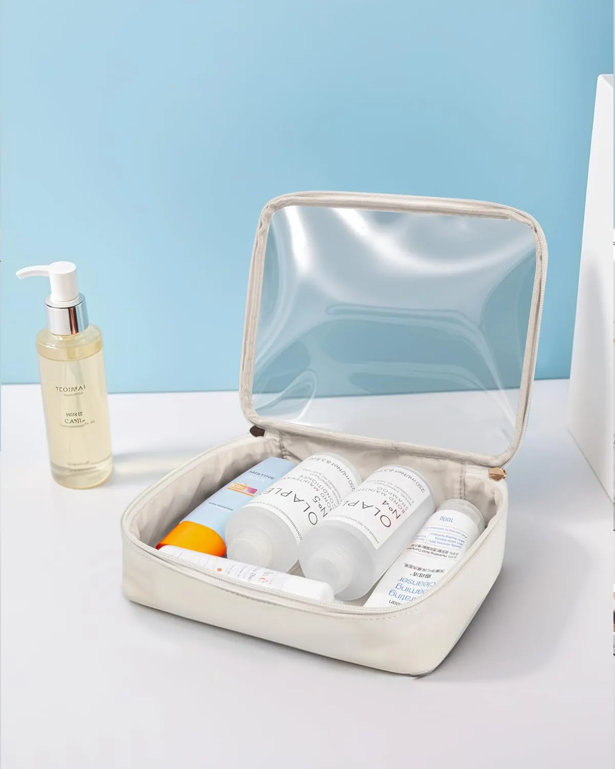 KOTORA TSA Approved Toiletry Bag with Mini Clear Makeup Bag Travel Size Beach Pool Bag Car Accessories for Women Her (1B White)
