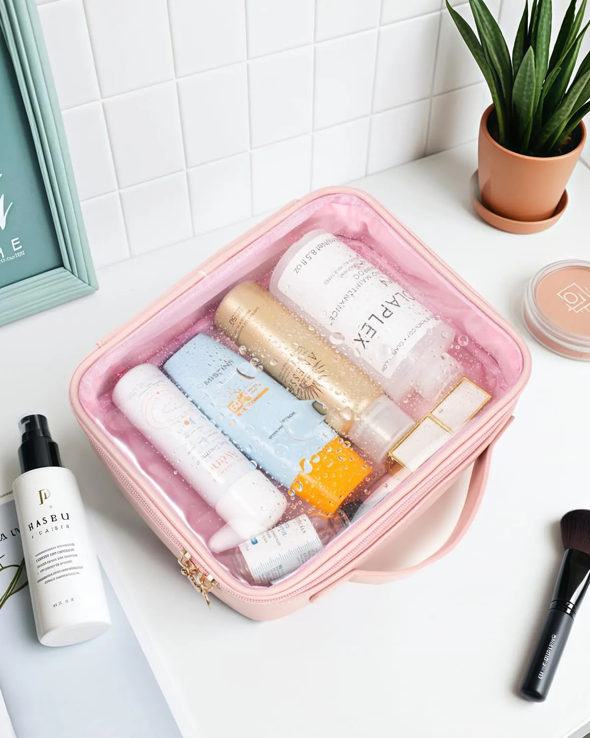 KOTORA TSA Approved Toiletry Bag with Mini Clear Makeup Bag Travel Size Beach Pool Bag Car Accessories for Women Her (1Handle-Pink)