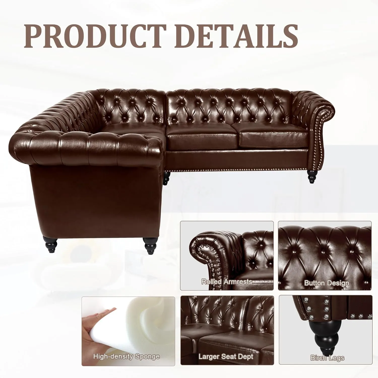 L Shaped Small Sectional Sofa, Chesterfield Leather Couch Tufted Accent Sofa with Scroll Arms and Nailhead for Living Room, Office (Dark Brown)