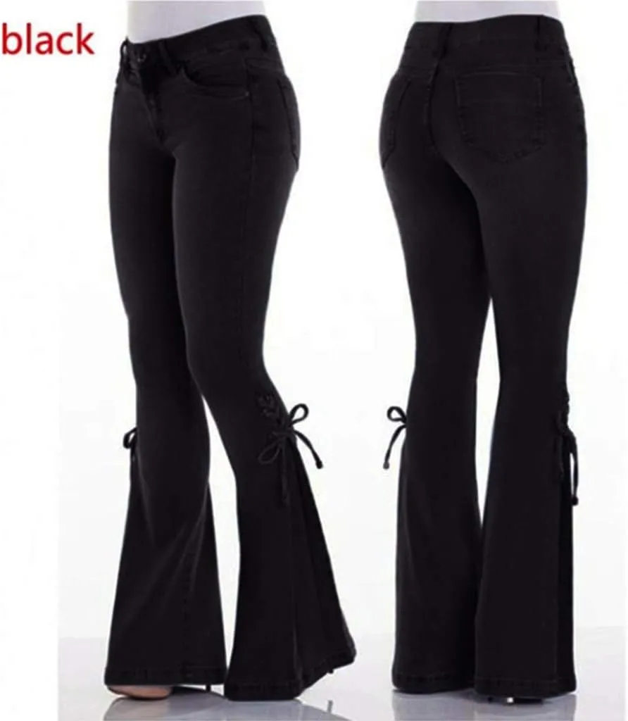 Lace-up Flare Bell Bottom Jeans for Women Mid Waisted Wide Leg Bootcut Jeans Trousers with Pockets
