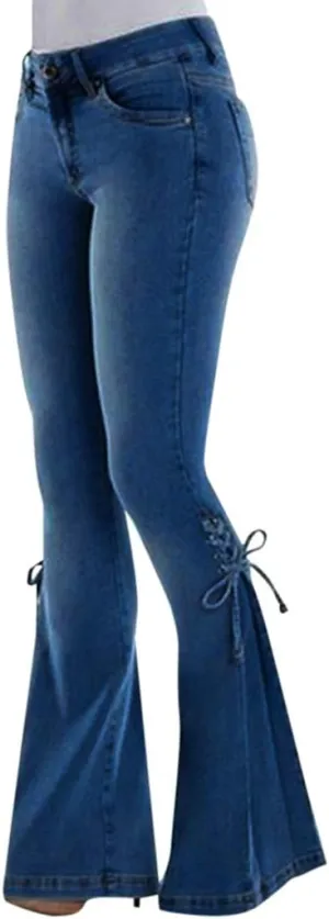 Lace-up Flare Bell Bottom Jeans for Women Mid Waisted Wide Leg Bootcut Jeans Trousers with Pockets
