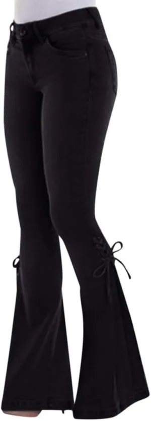 Lace-up Flare Bell Bottom Jeans for Women Mid Waisted Wide Leg Bootcut Jeans Trousers with Pockets