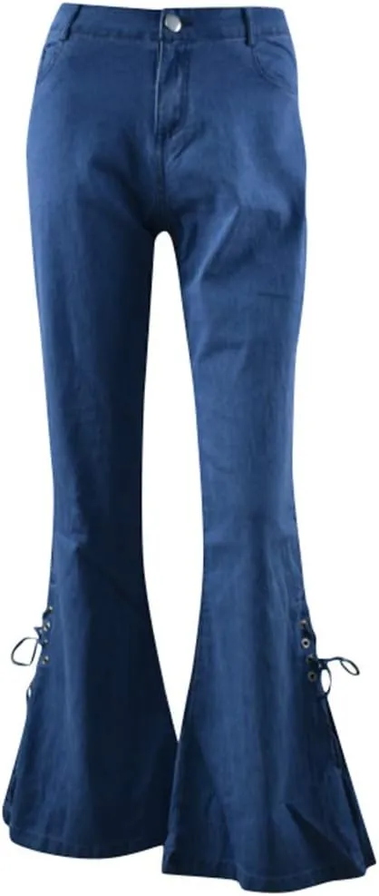 Lace-up Flare Bell Bottom Jeans for Women Mid Waisted Wide Leg Bootcut Jeans Trousers with Pockets
