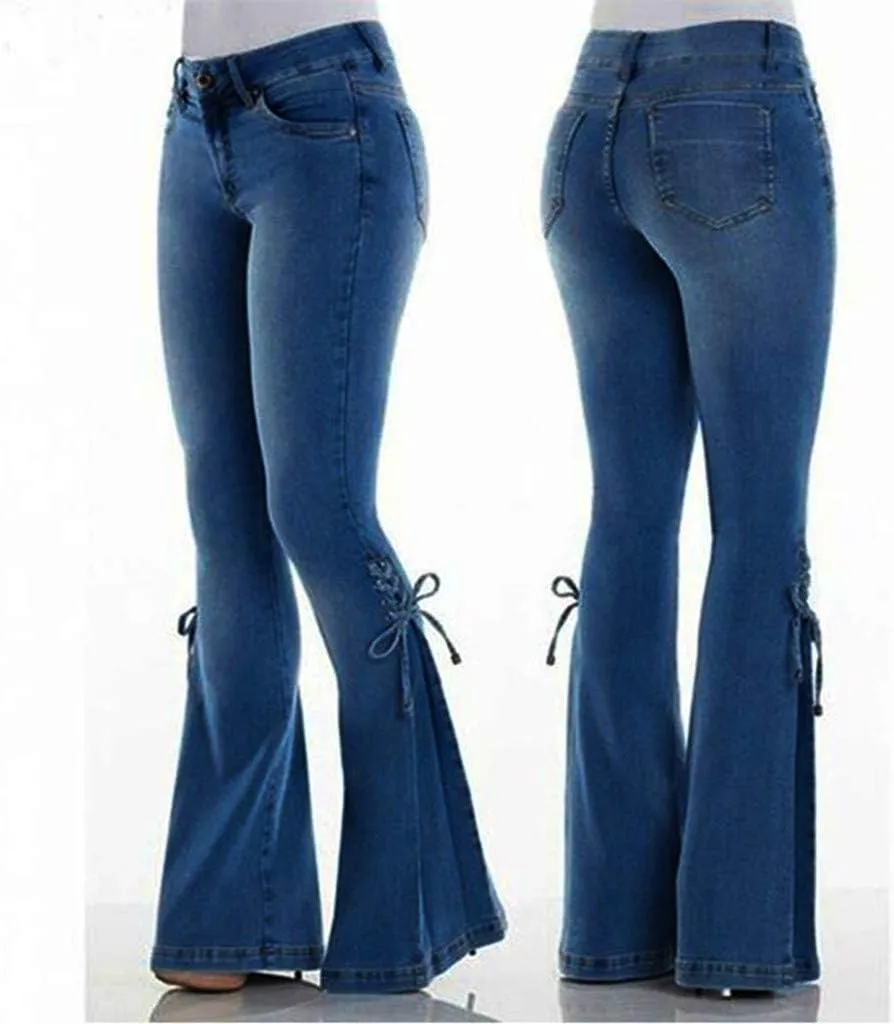 Lace-up Flare Bell Bottom Jeans for Women Mid Waisted Wide Leg Bootcut Jeans Trousers with Pockets