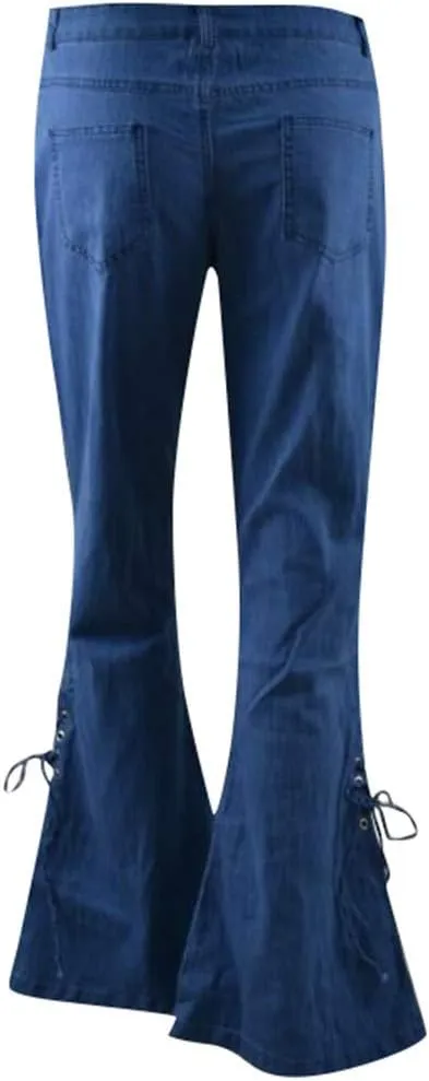 Lace-up Flare Bell Bottom Jeans for Women Mid Waisted Wide Leg Bootcut Jeans Trousers with Pockets