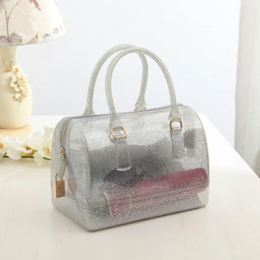 Ladies Summer Jelly Pillow-shaped Top Handle Handbag Candy Color Transparent Crystal Purse