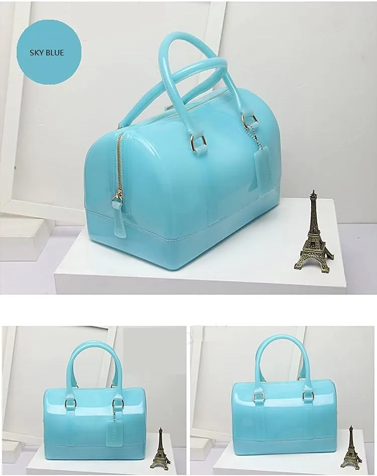 Ladies Summer Jelly Pillow-shaped Top Handle Handbag Candy Color Transparent Crystal Purse