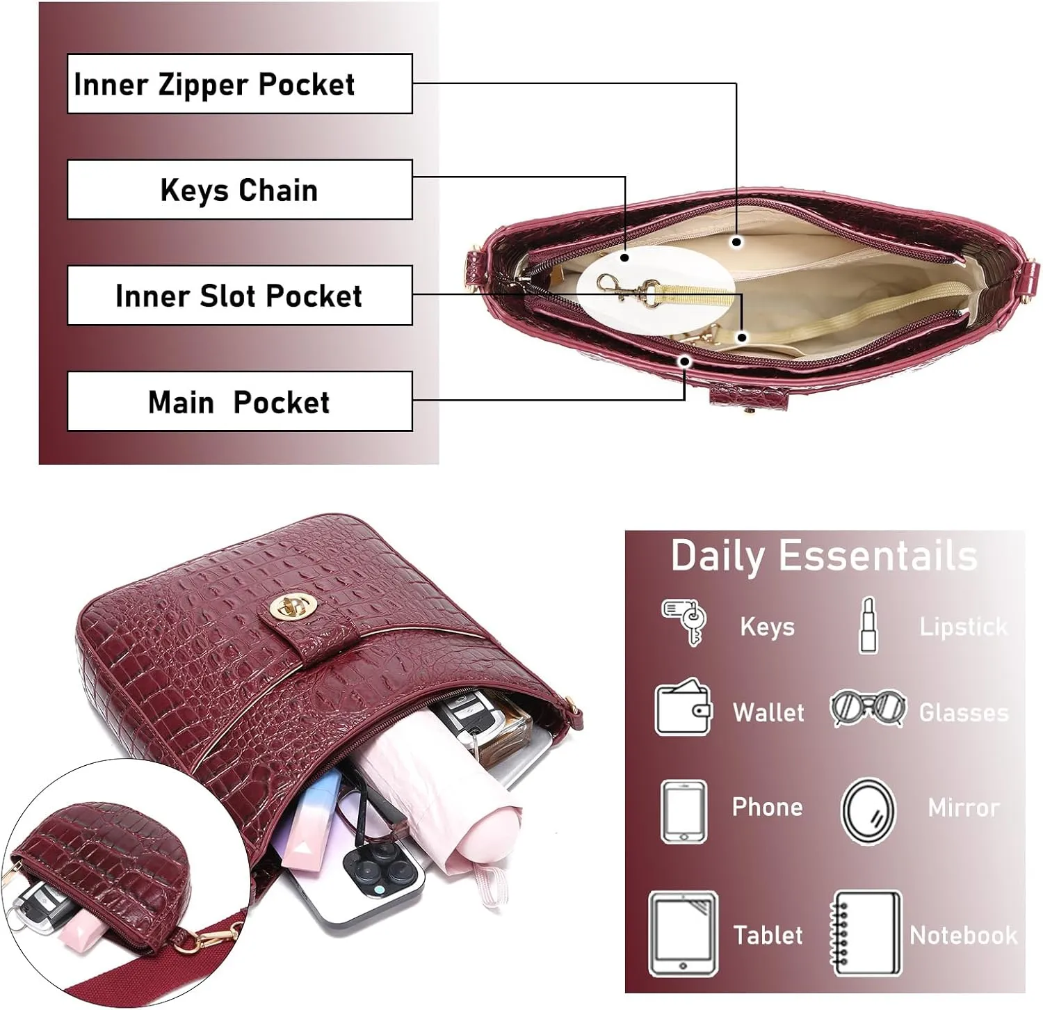 Ladies Tote Leather Bags for Women Crocodile Pattern HandBag Large Capacity Shoulder Purse