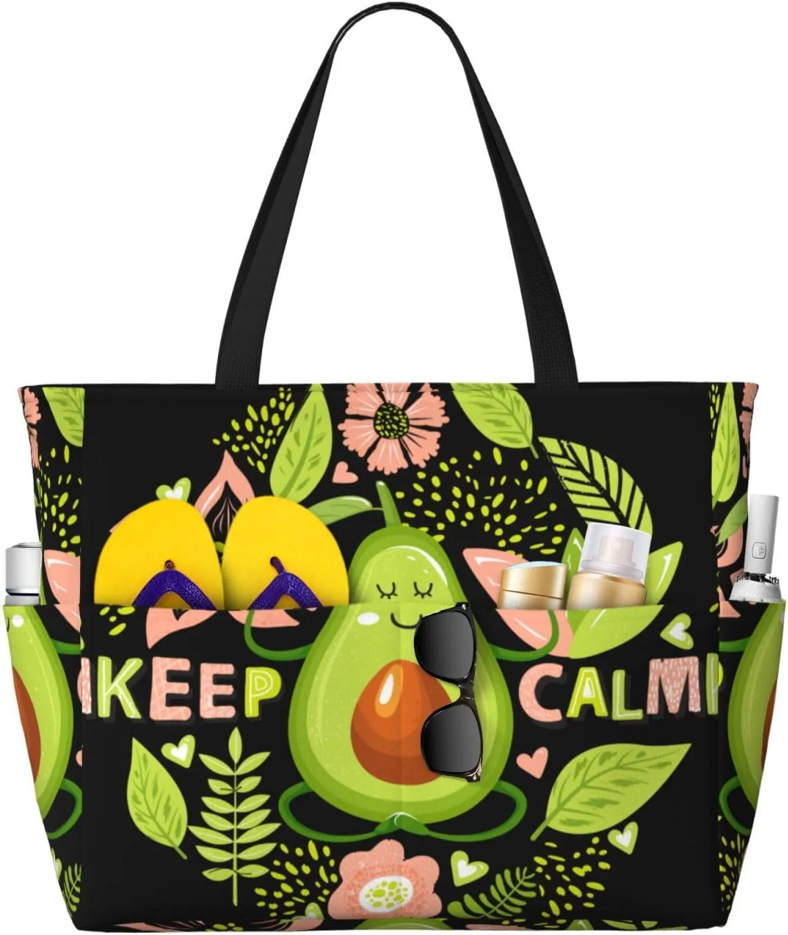Large Beach Tote Bag for Women Extra Large Capacity Waterproof Sandproof Pool Bag Suitable for Swimming Pool Gym Travel Groceries Avocado Keep Calm