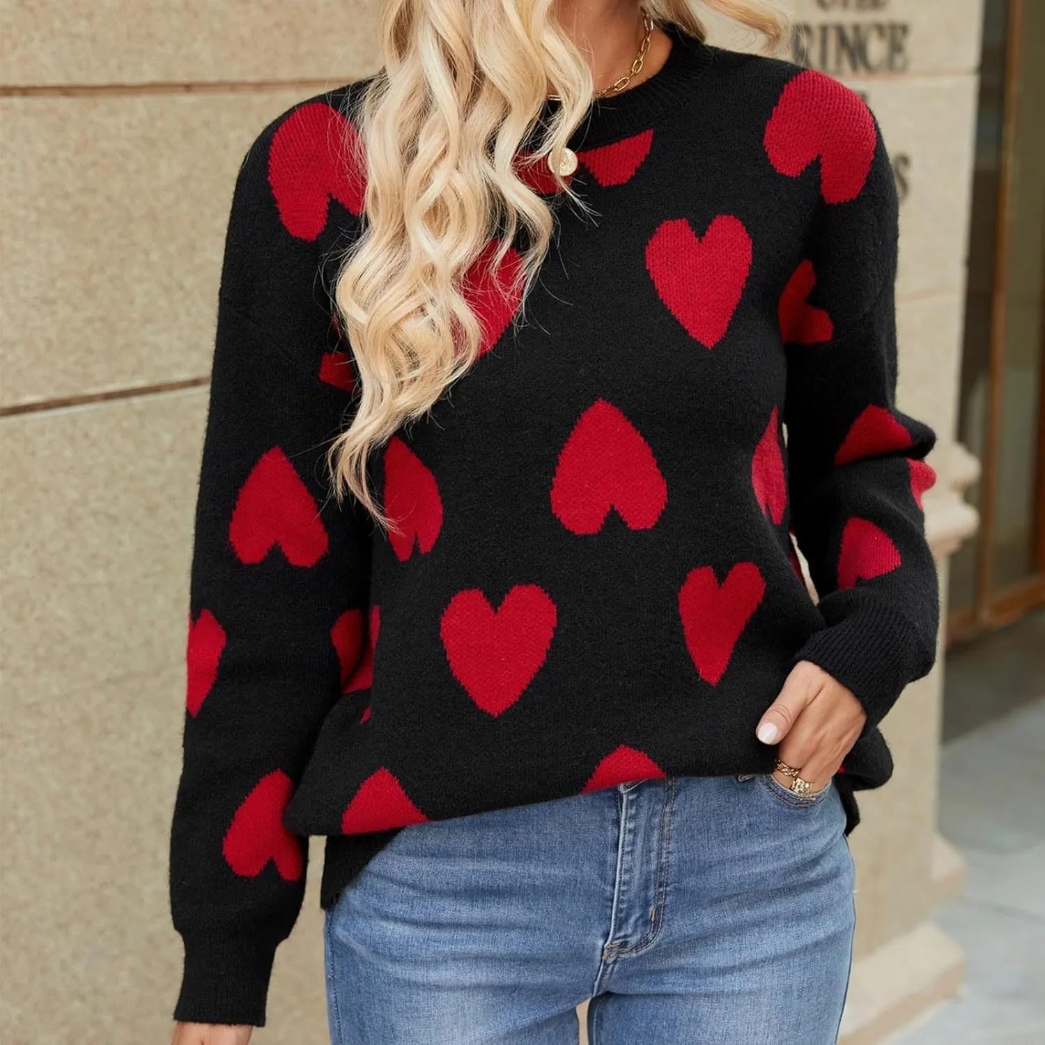 Lastesso Womens Sweaters Cute Heart Fahion Fall Winter Clothes Crewneck Loose Long Sleeve Pullover Sweaters Knit Chunky Tops