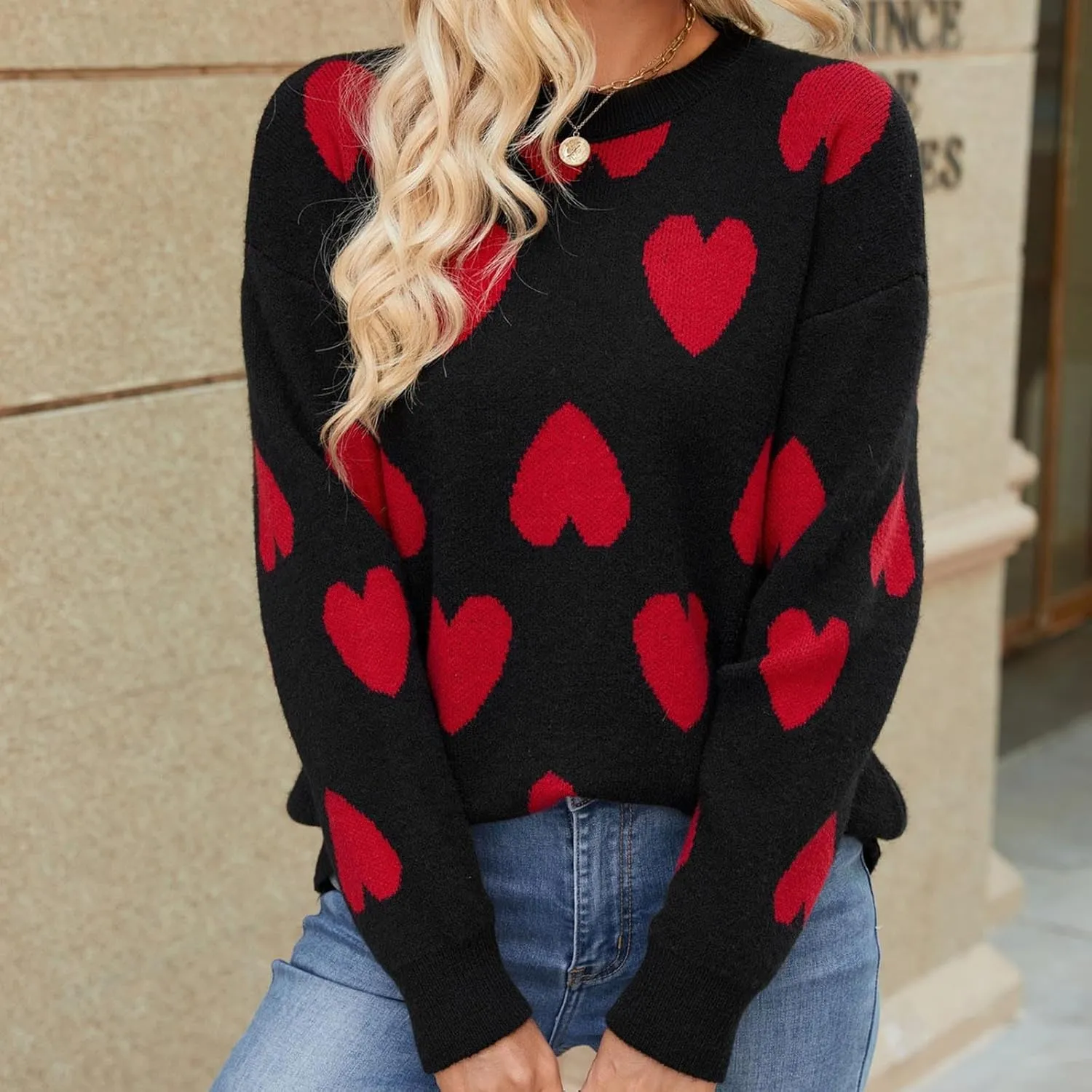 Lastesso Womens Sweaters Cute Heart Fahion Fall Winter Clothes Crewneck Loose Long Sleeve Pullover Sweaters Knit Chunky Tops