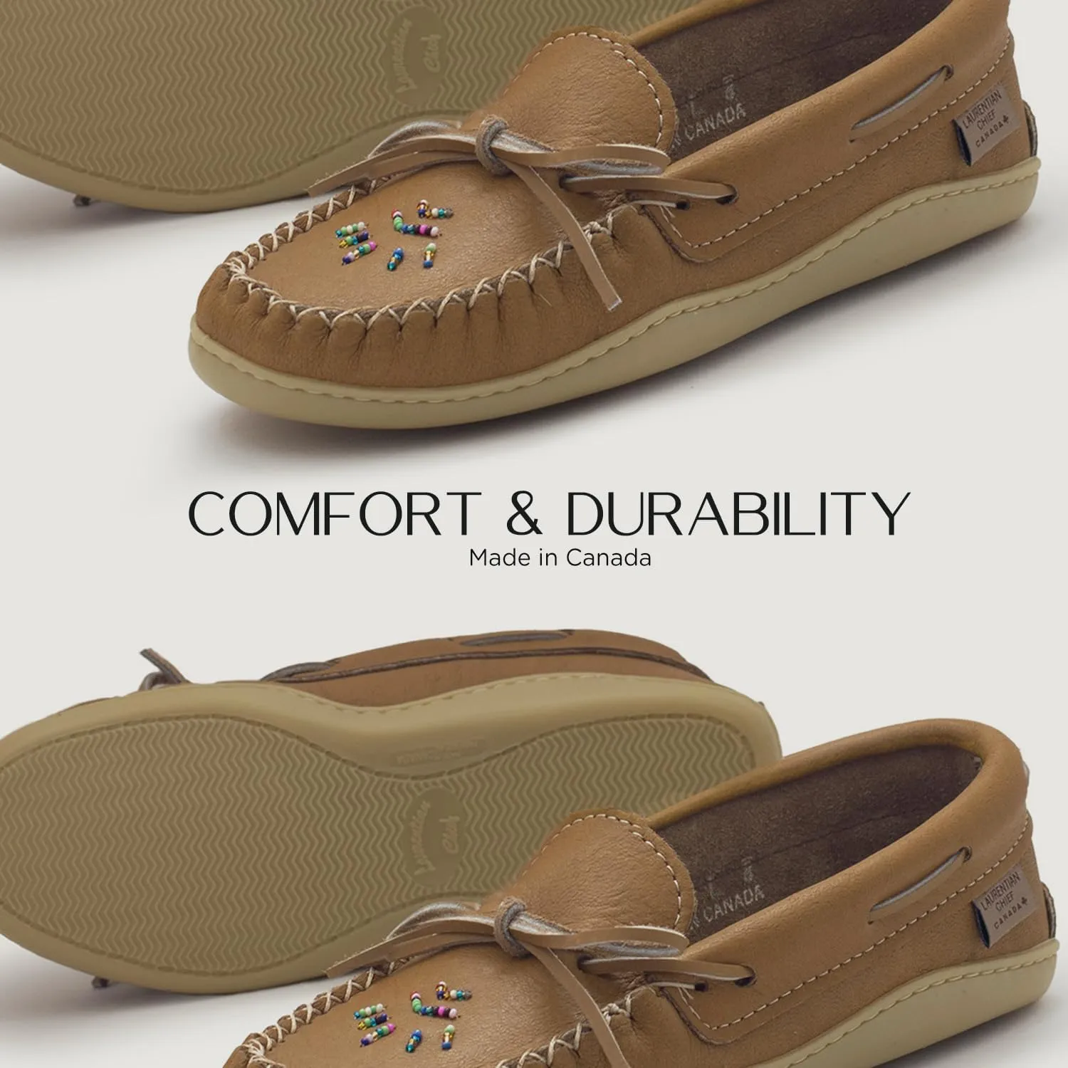 Laurentian Chief Women's Brown Leather Moccasins with 8-Hole Kabir Collar & Natural Rubber Sole, Beaded Womens Leather Moccasins, Comfortable Stylish Indoor & Outdoor Slippers