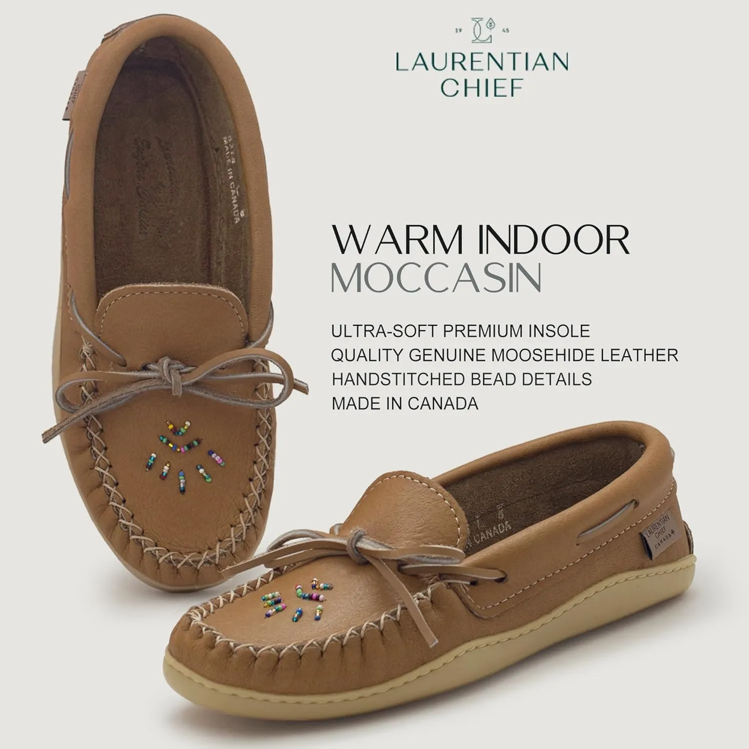 Laurentian Chief Women's Brown Leather Moccasins with 8-Hole Kabir Collar & Natural Rubber Sole, Beaded Womens Leather Moccasins, Comfortable Stylish Indoor & Outdoor Slippers
