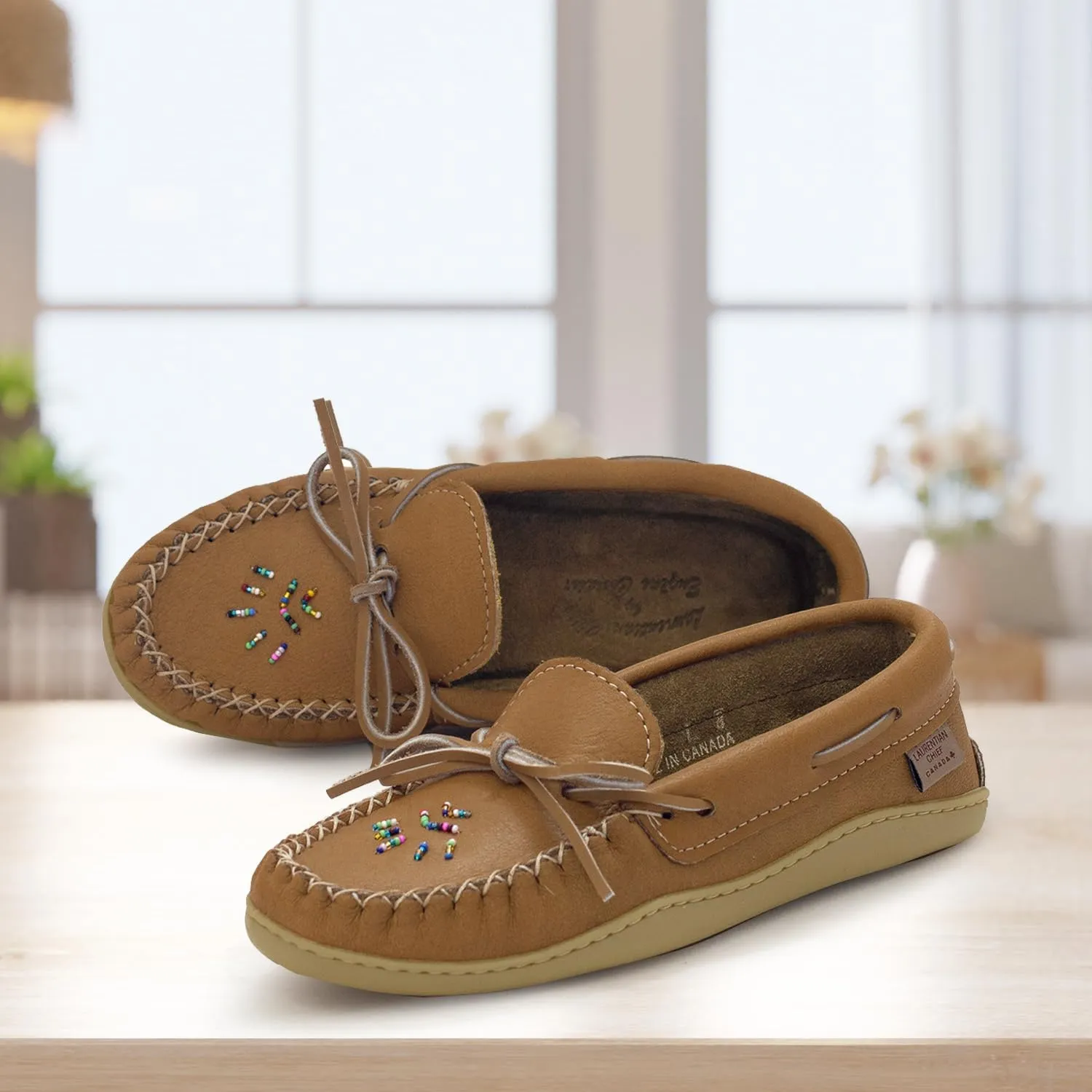 Laurentian Chief Women's Brown Leather Moccasins with 8-Hole Kabir Collar & Natural Rubber Sole, Beaded Womens Leather Moccasins, Comfortable Stylish Indoor & Outdoor Slippers