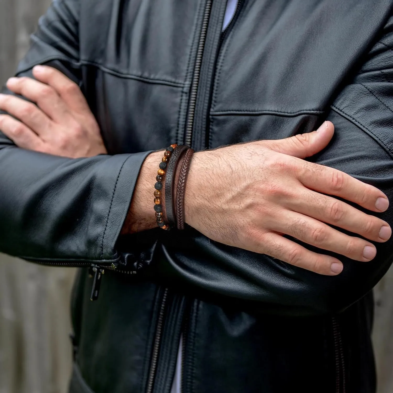 Layered Leather Beads Bracelets for Men, Braided Leather Tiger Eye Lava Rock Stone Bracelets for Men with Stainless Steel Magnetic Clasp Anxiety Stress Relief Gifts