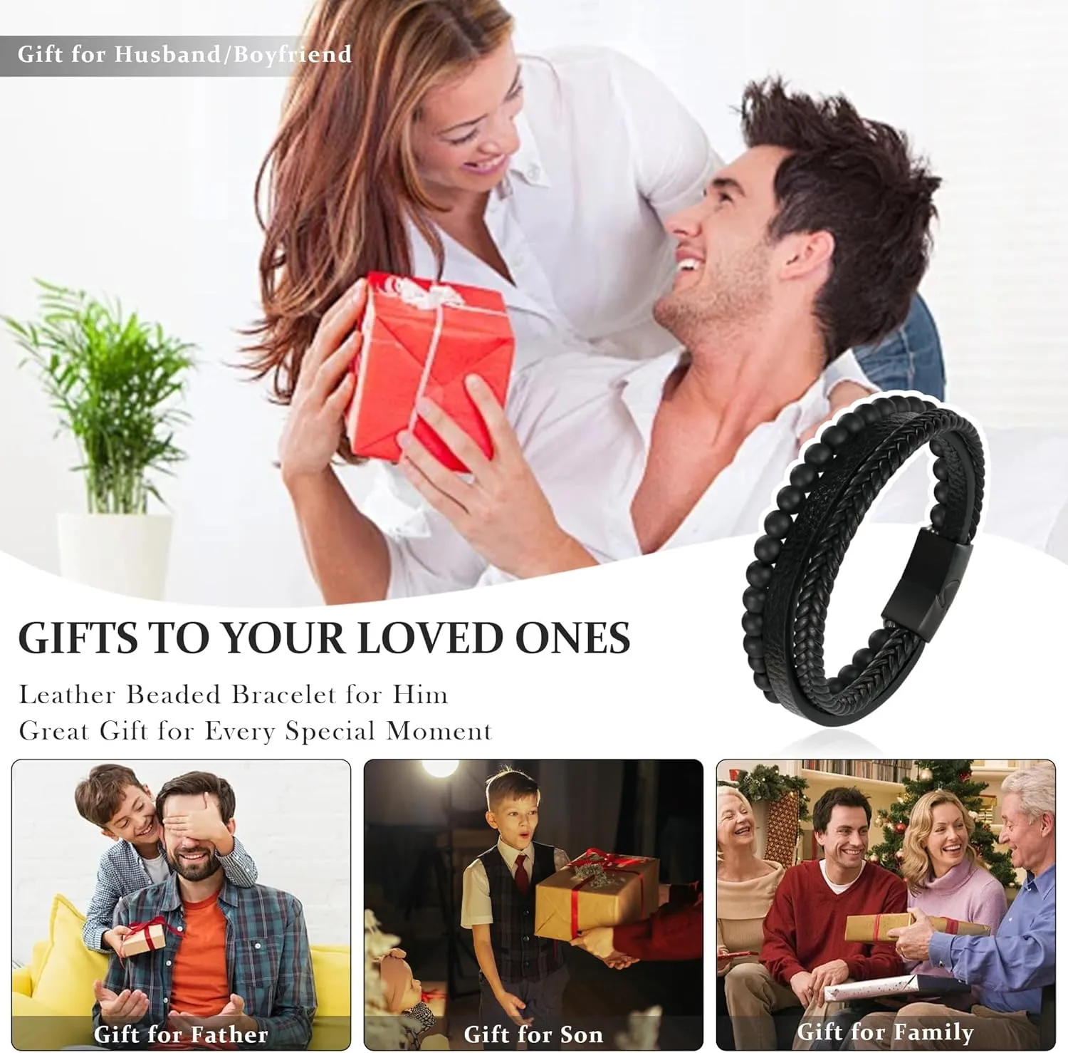 Layered Leather Beads Bracelets for Men, Braided Leather Tiger Eye Lava Rock Stone Bracelets for Men with Stainless Steel Magnetic Clasp Anxiety Stress Relief Gifts