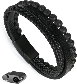 Layered Leather Beads Bracelets for Men, Braided Leather Tiger Eye Lava Rock Stone Bracelets for Men with Stainless Steel Magnetic Clasp Anxiety Stress Relief Gifts