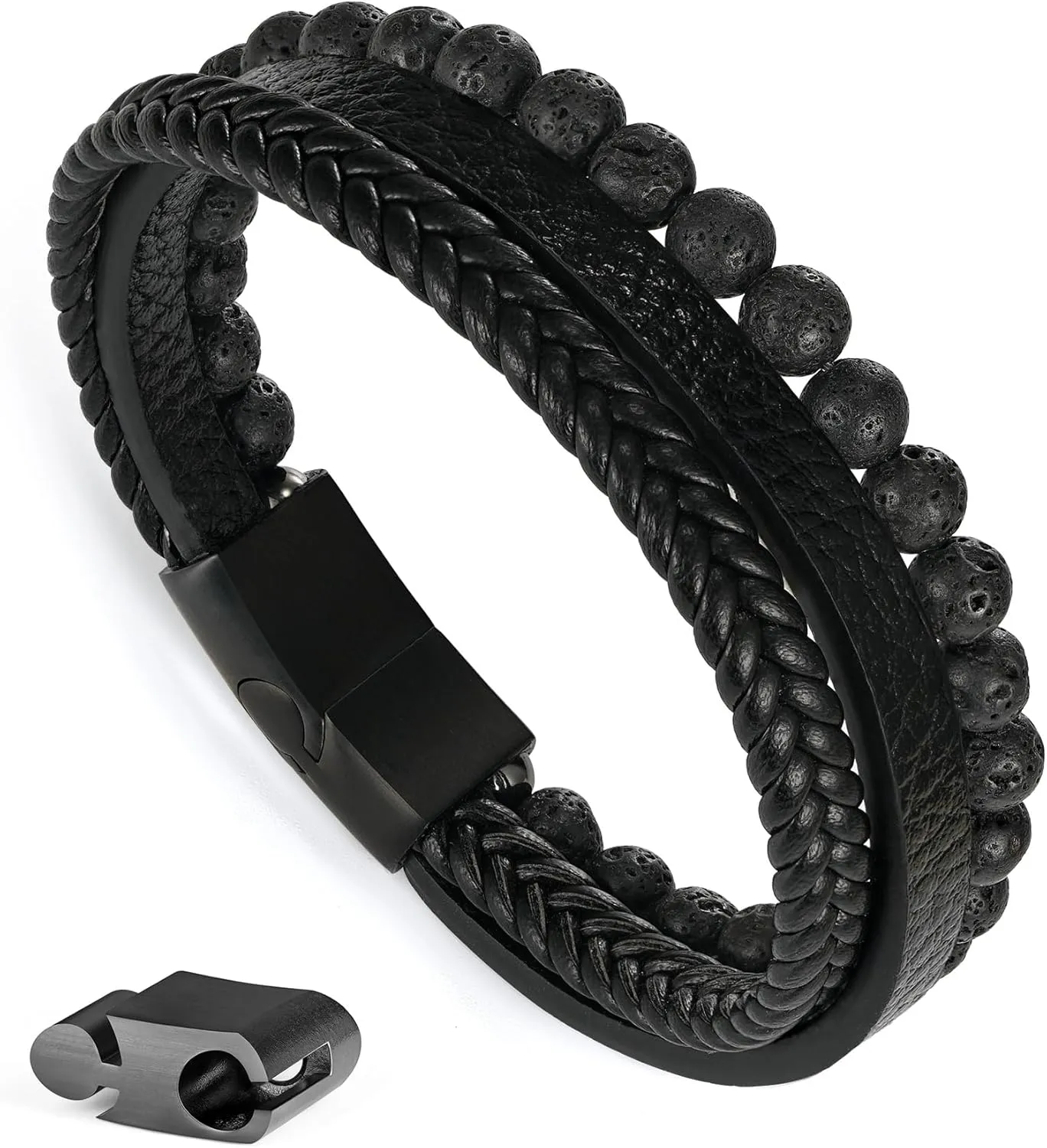 Layered Leather Beads Bracelets for Men, Braided Leather Tiger Eye Lava Rock Stone Bracelets for Men with Stainless Steel Magnetic Clasp Anxiety Stress Relief Gifts