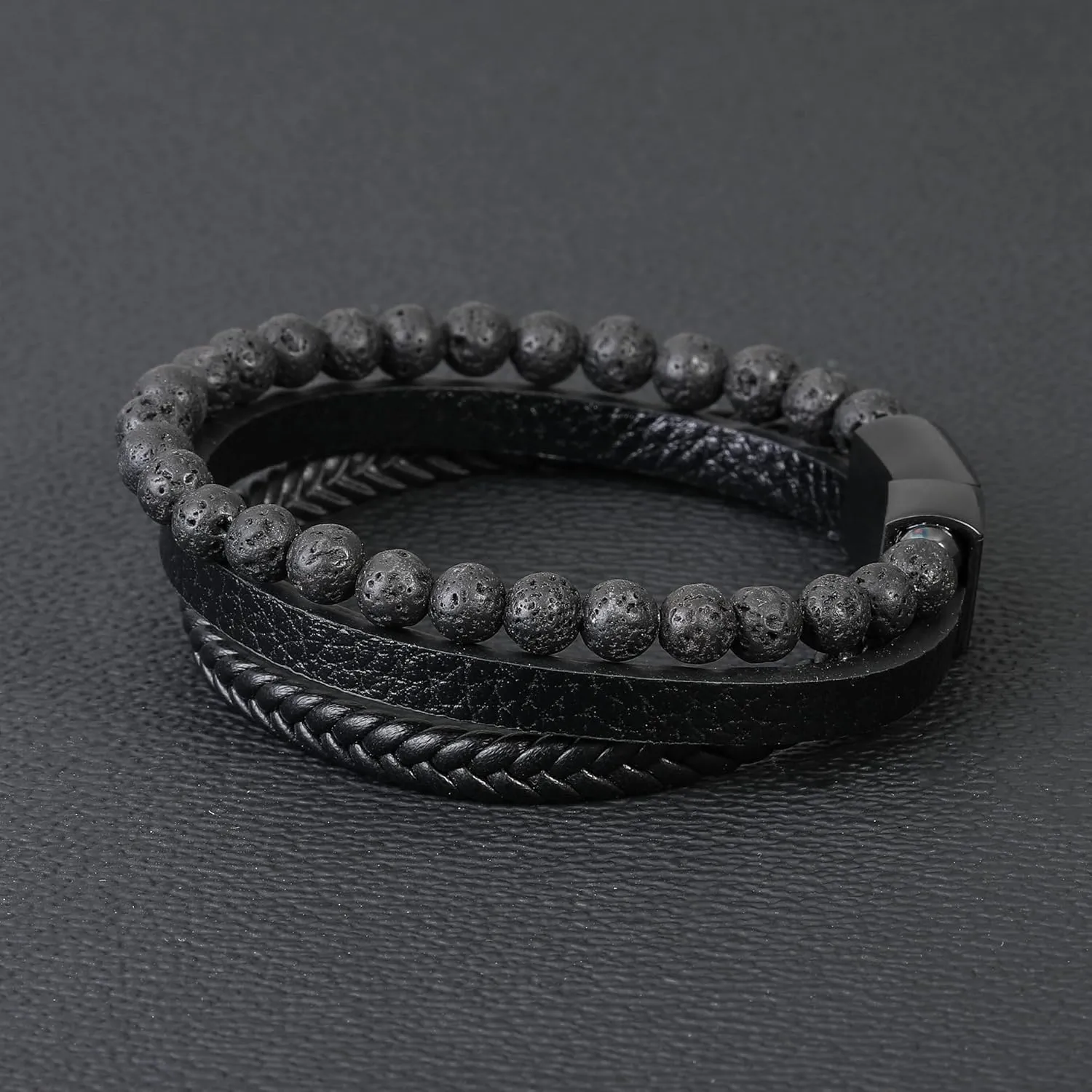 Layered Leather Beads Bracelets for Men, Braided Leather Tiger Eye Lava Rock Stone Bracelets for Men with Stainless Steel Magnetic Clasp Anxiety Stress Relief Gifts