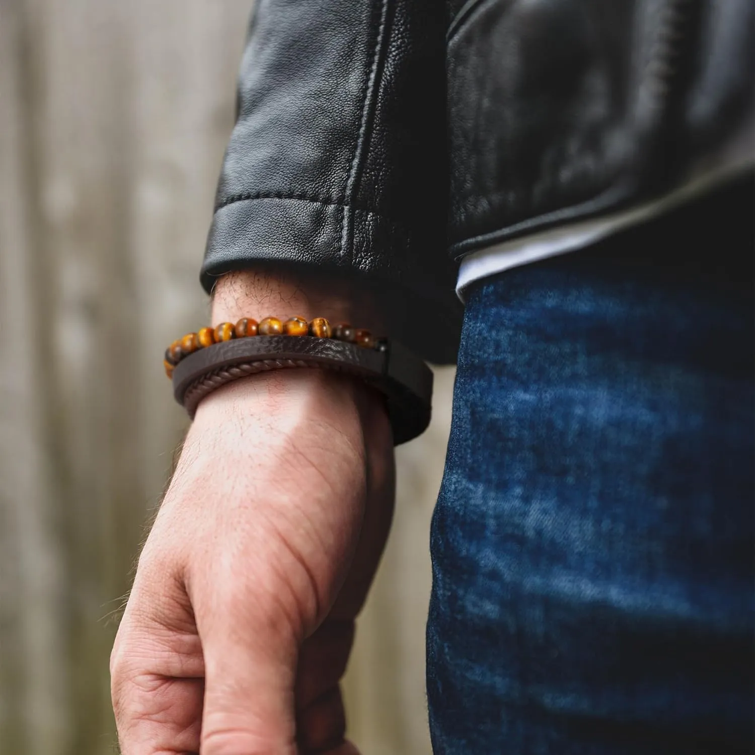 Layered Leather Beads Bracelets for Men, Braided Leather Tiger Eye Lava Rock Stone Bracelets for Men with Stainless Steel Magnetic Clasp Anxiety Stress Relief Gifts