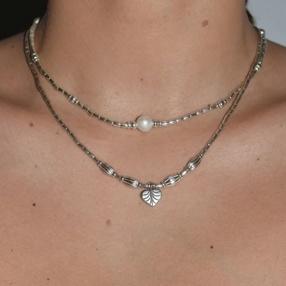 Leafy Heart Hill Tribe Silver Beaded Necklace