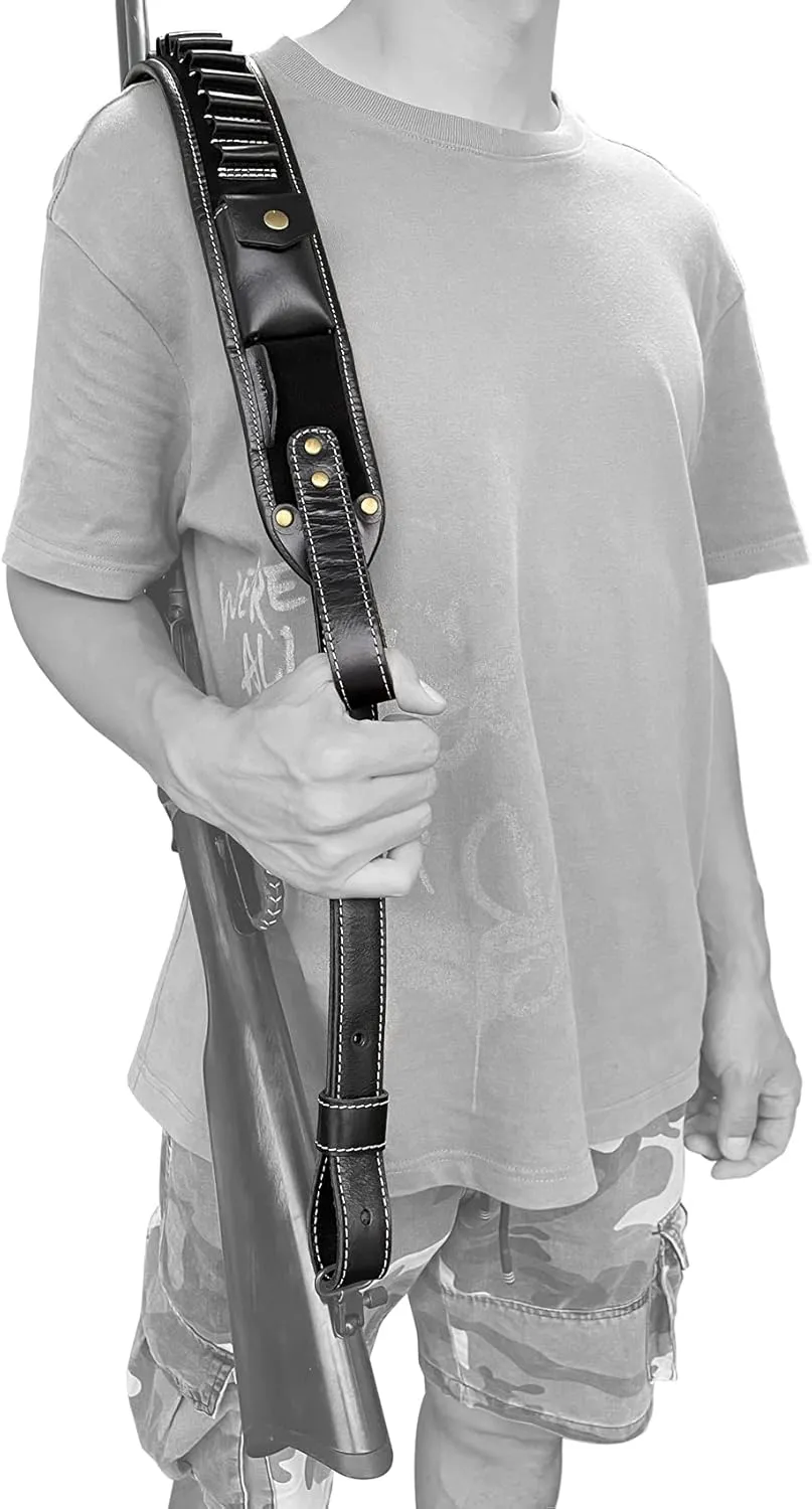 Leather Rifle Shoulder Sling with Cartidge Shell Holder