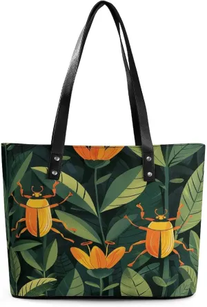 Leather Tote Bag Crossbody Bags for Women Fashion Top Handle Handbag Gold Beetle Pattern Ladies Shoulder Bags Casual Beach Bag Gym Bages Ladies Purses for Shopping Work Travel