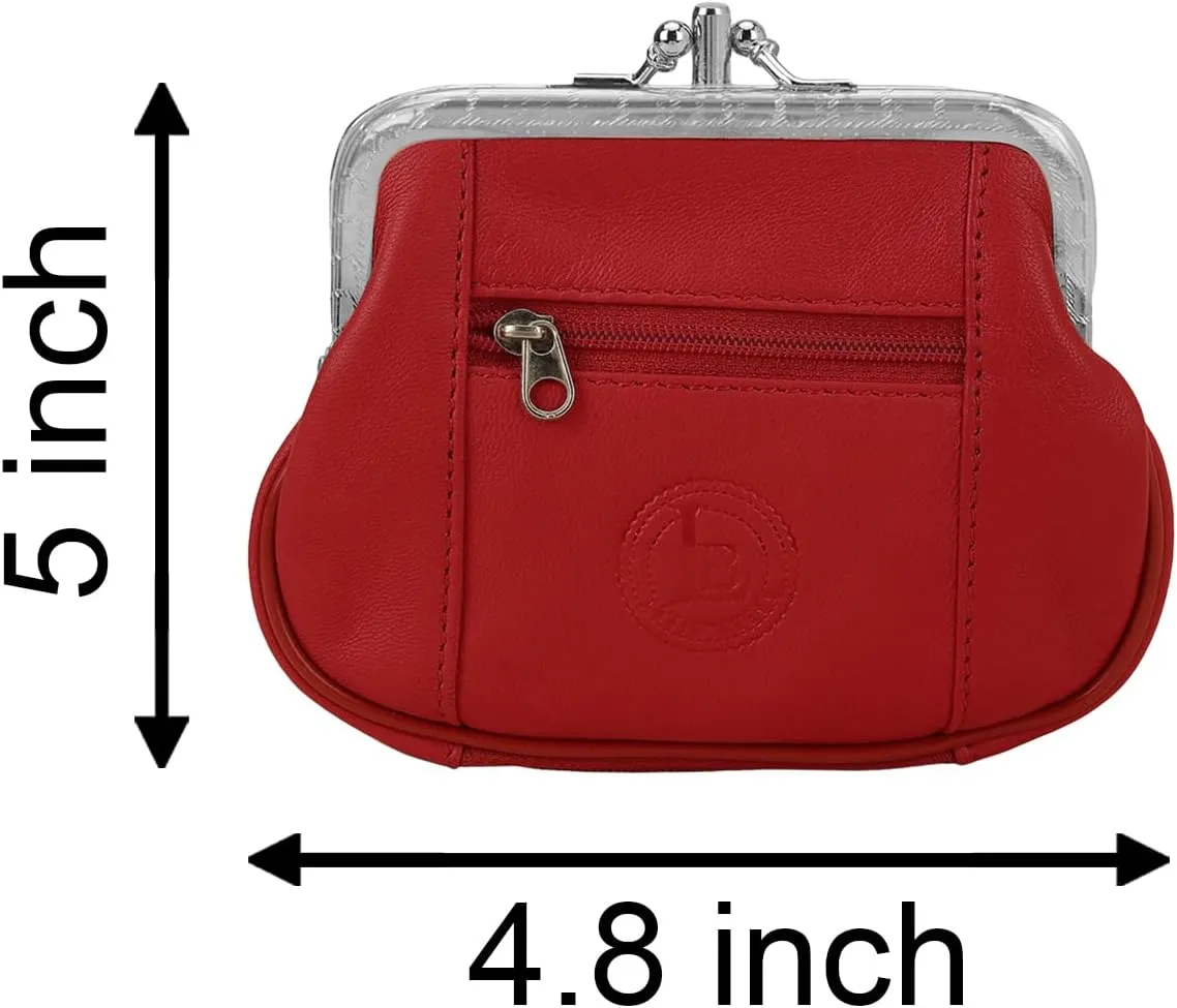 Leatherboss Genuine Leather Double Frame Coin Purse Wallet with Zipper Pocket