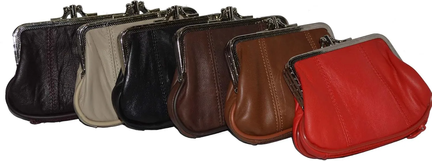 Leatherboss Genuine Leather Double Frame Coin Purse Wallet with Zipper Pocket
