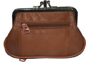 Leatherboss Genuine Leather Double Frame Coin Purse Wallet with Zipper Pocket
