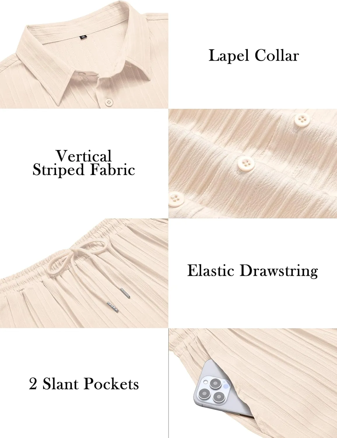 LecGee Men's 2 Piece Vertical Striped Textured Outfits Summer Casual Button Down Shirts and Shorts Matching Sets