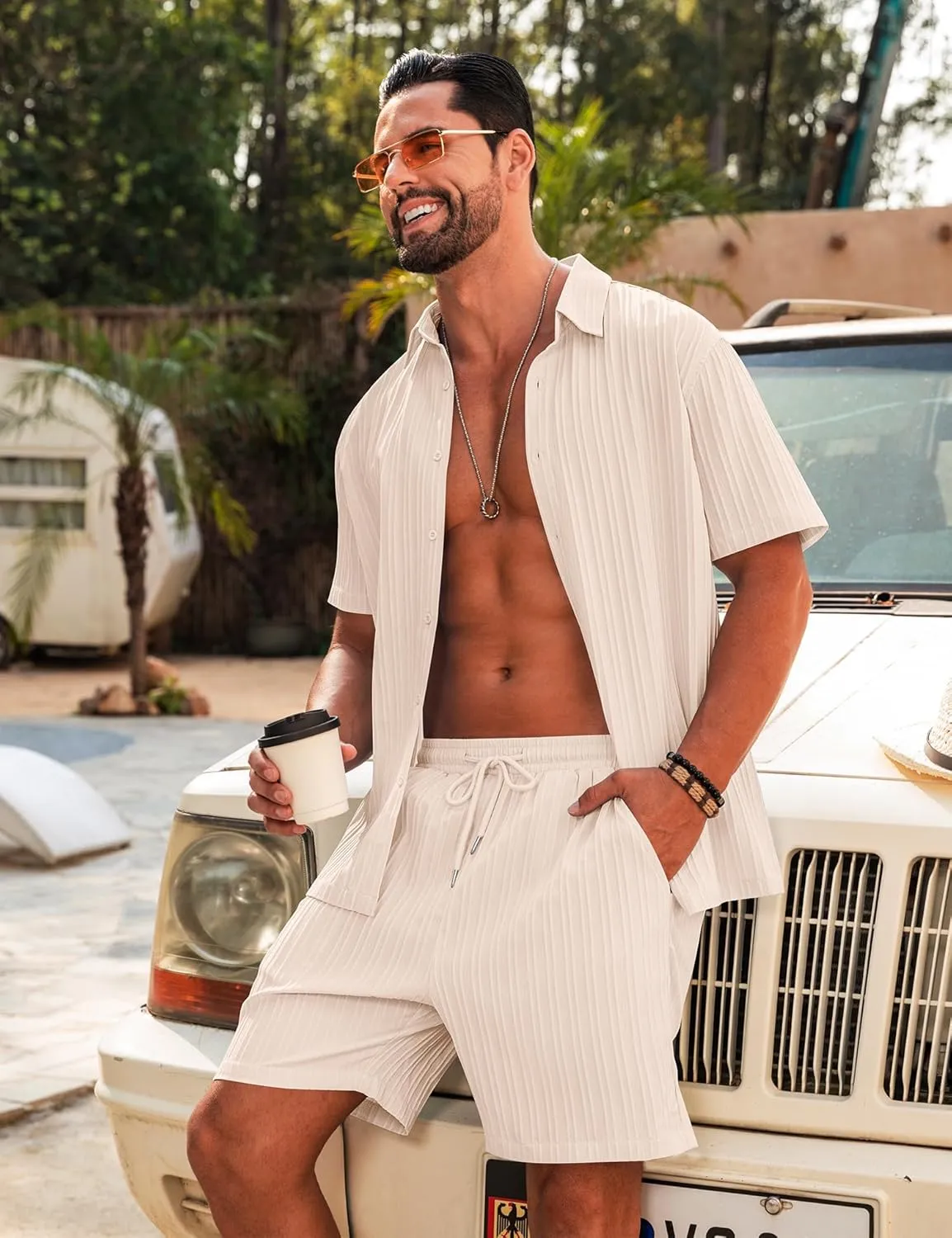 LecGee Men's 2 Piece Vertical Striped Textured Outfits Summer Casual Button Down Shirts and Shorts Matching Sets