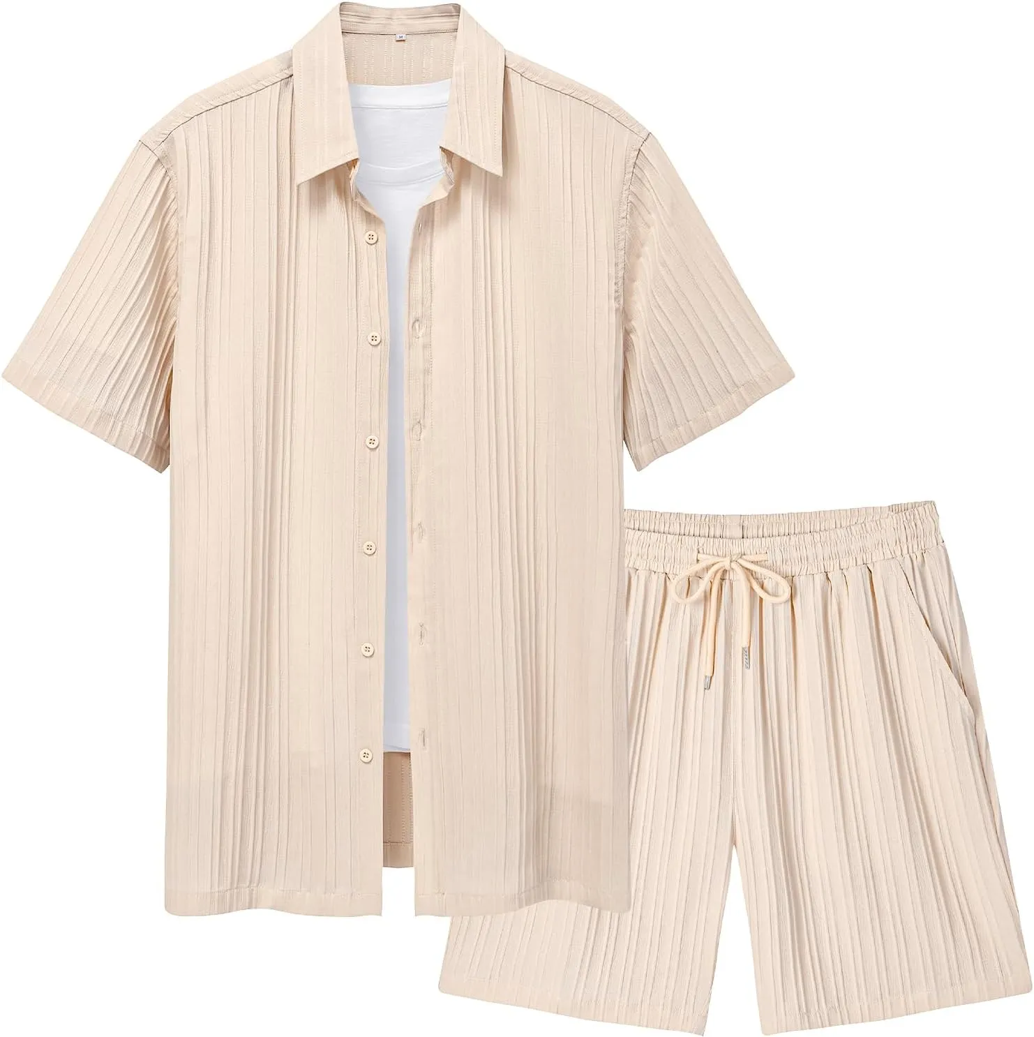 LecGee Men's 2 Piece Vertical Striped Textured Outfits Summer Casual Button Down Shirts and Shorts Matching Sets
