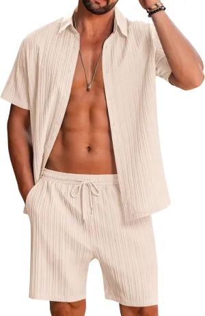 LecGee Men's 2 Piece Vertical Striped Textured Outfits Summer Casual Button Down Shirts and Shorts Matching Sets