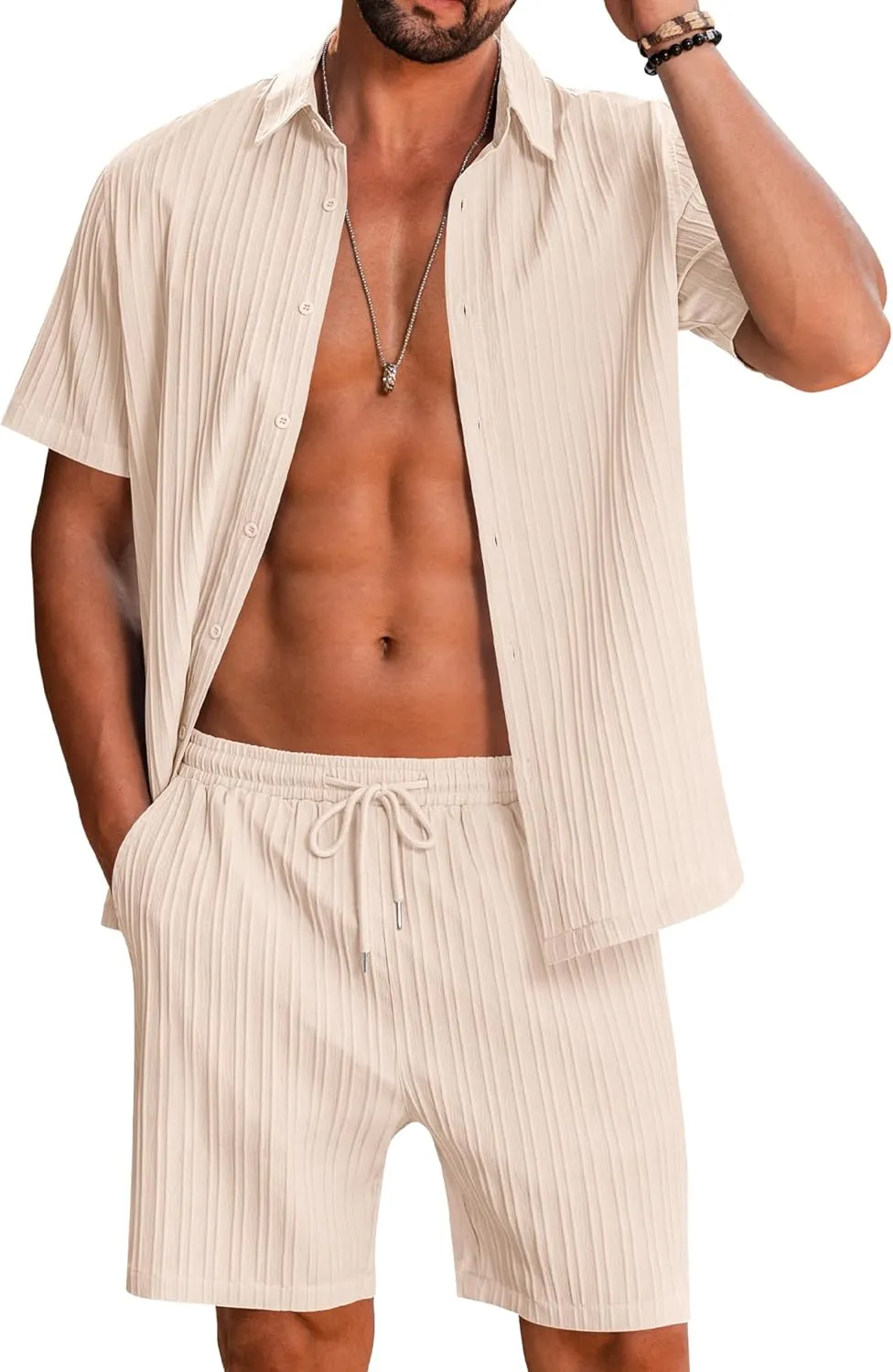 LecGee Men's 2 Piece Vertical Striped Textured Outfits Summer Casual Button Down Shirts and Shorts Matching Sets
