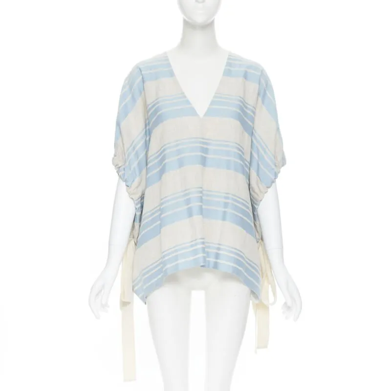 LEE MATTHEWS light grey blue striped linen cotton drawstring poncho top US0 XS