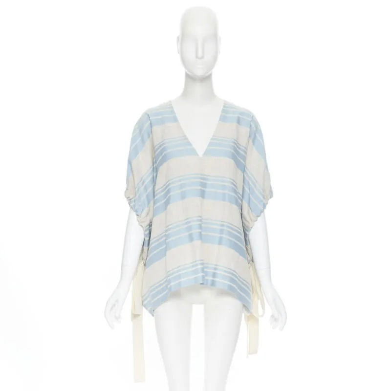 LEE MATTHEWS light grey blue striped linen cotton drawstring poncho top US0 XS