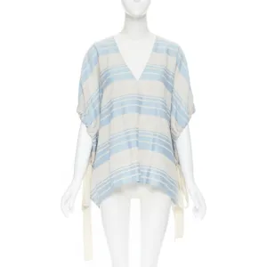 LEE MATTHEWS light grey blue striped linen cotton drawstring poncho top US0 XS
