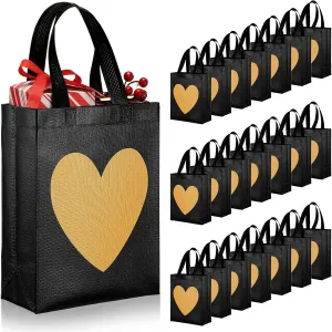 LEIFIDE 24 Pcs Heart Gift Bags with Shiny Gold Heart Print Valentine‘s Day Galentines Gift Bag Non Woven Reusable Gift Bags for Bridesmaid Birthday Bridal Showers Engagements 8x4x10 Inch(Black, Gold)
