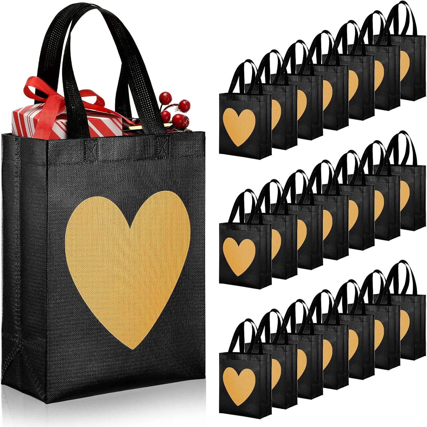 LEIFIDE 24 Pcs Heart Gift Bags with Shiny Gold Heart Print Valentine‘s Day Galentines Gift Bag Non Woven Reusable Gift Bags for Bridesmaid Birthday Bridal Showers Engagements 8x4x10 Inch(Black, Gold)