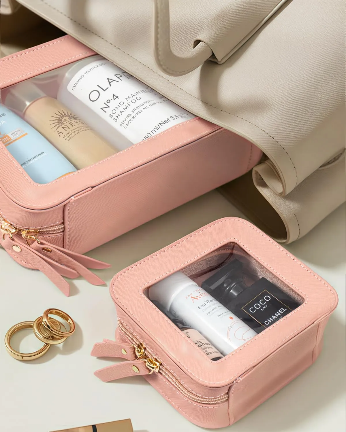 LETGO Clear Makeup Bag Set for Women Portable Clear Makeup Bag Cute Waterproof Travel Cosmetic Bag for Pink Car Essentials for Girls (Pink, Standard   Mini)
