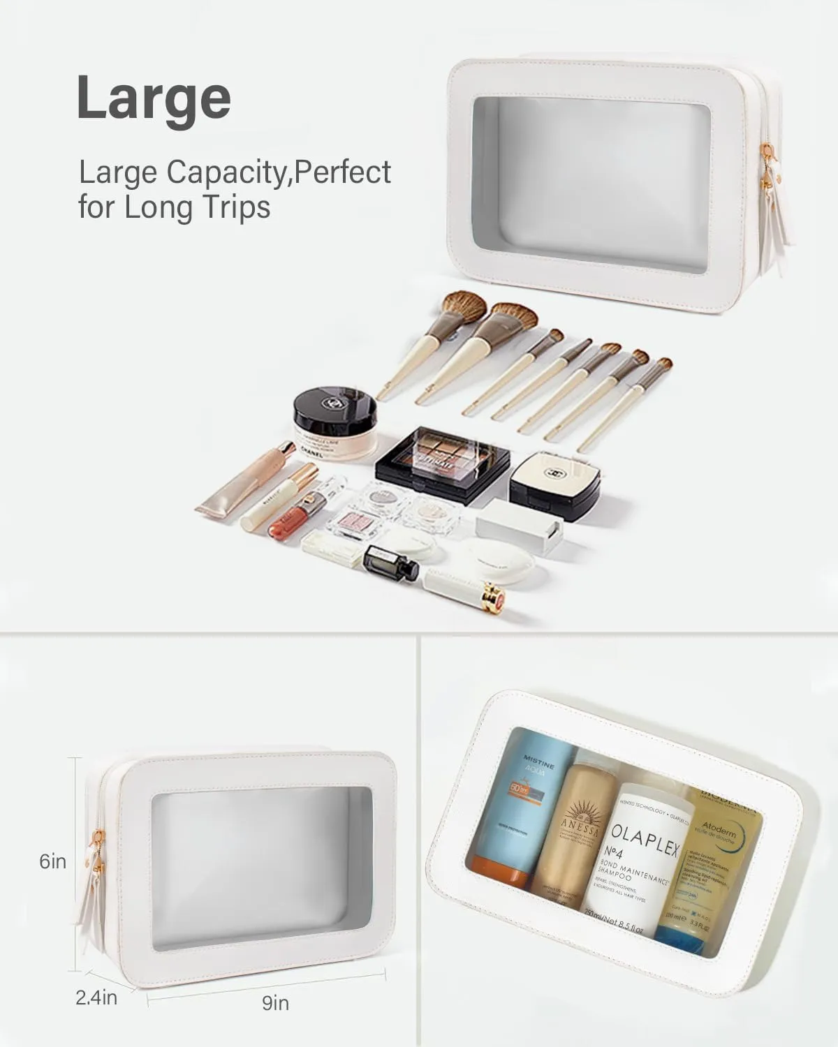 LETGO Clear Makeup Bag, Travel Cosmetic Case Toiletry Bag Make up Organizer Skincare Pouch for Women, Car Essentials Bag with Clear Windows (White, Standard)