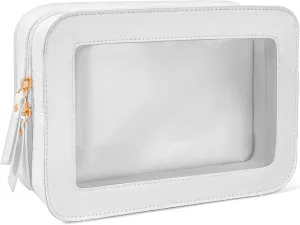 LETGO Clear Makeup Bag, Travel Cosmetic Case Toiletry Bag Make up Organizer Skincare Pouch for Women, Car Essentials Bag with Clear Windows (White, Standard)