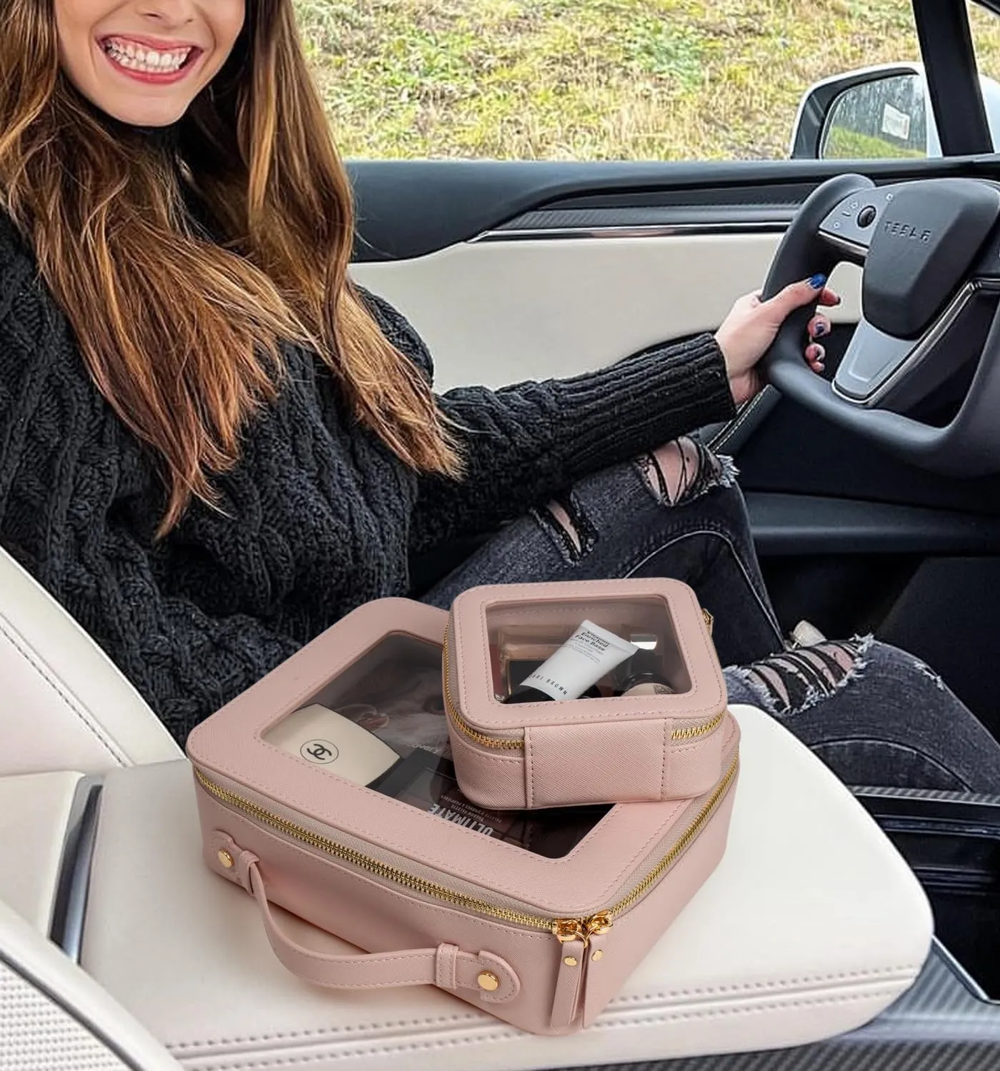 LETGO Clear Makeup Bags Set,TSA Approved Toiletry Bag with Zipper,Small Clear Comestic Bag Purse Travel Car Accessories for Women (Mini Large Nude)