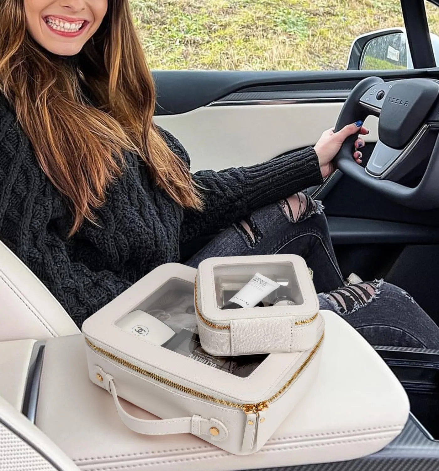 LETGO Clear Makeup Bags Set,TSA Approved Toiletry Bag with Zipper,Small Clear Comestic Bag Purse Travel Car Accessories for Women(Mini Large White)