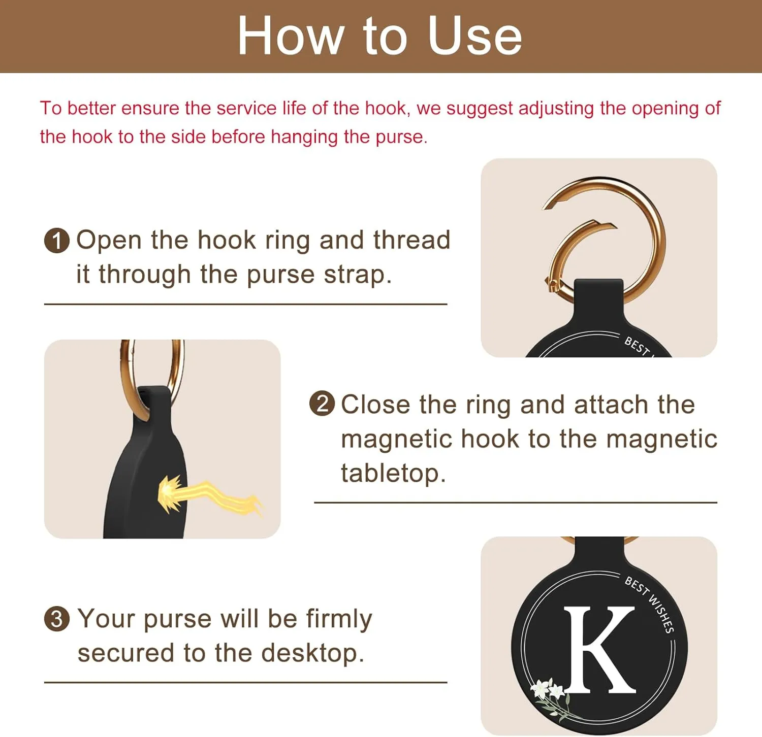 Letter A-Z Magnetic Purse Holder Stylish Floral Design Handbag Hanger for Women Suitable for Table Tops Metal Wall Door Hinge Frame Shopping Cart Show off Your Personality Bag Charms Accessory(K)