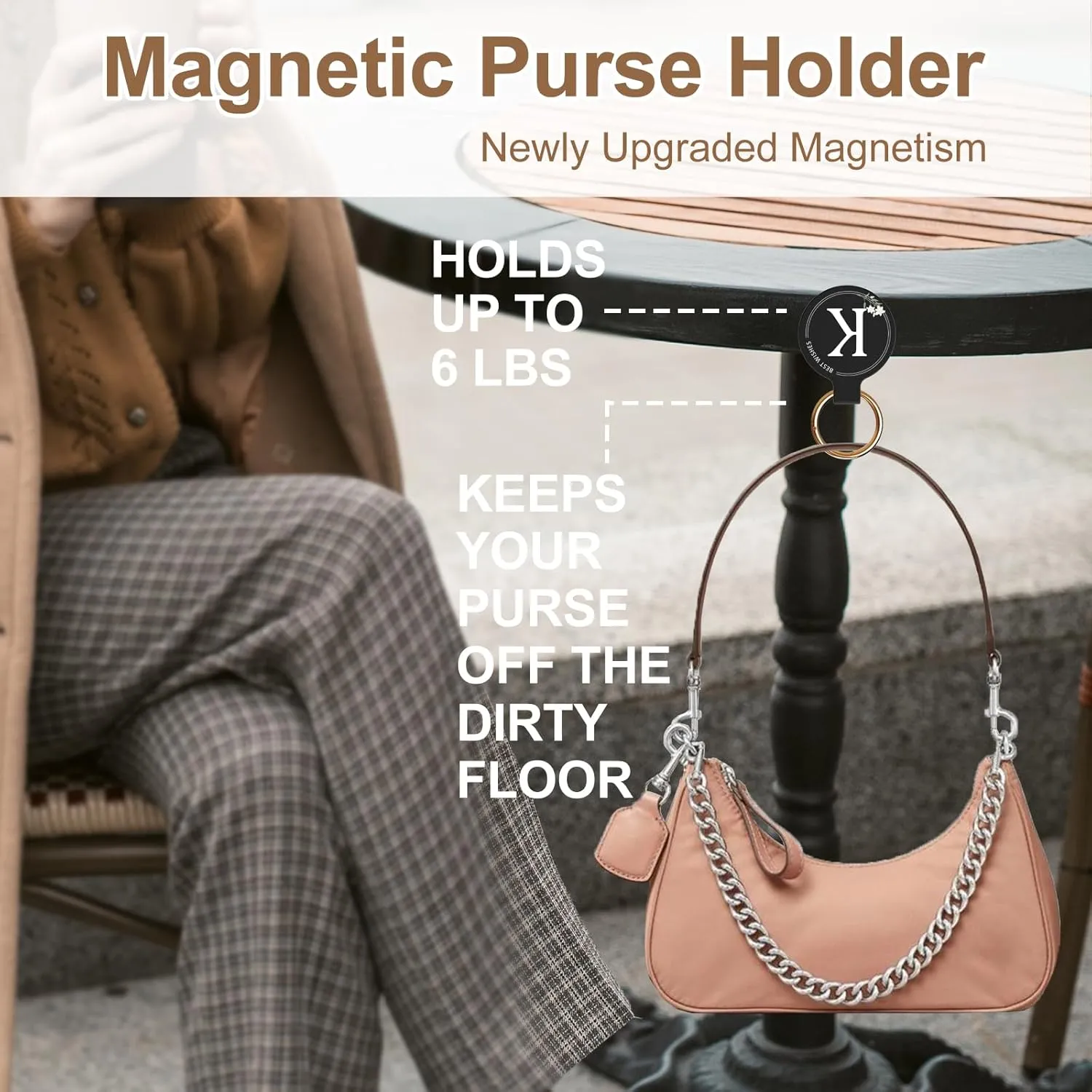Letter A-Z Magnetic Purse Holder Stylish Floral Design Handbag Hanger for Women Suitable for Table Tops Metal Wall Door Hinge Frame Shopping Cart Show off Your Personality Bag Charms Accessory(K)