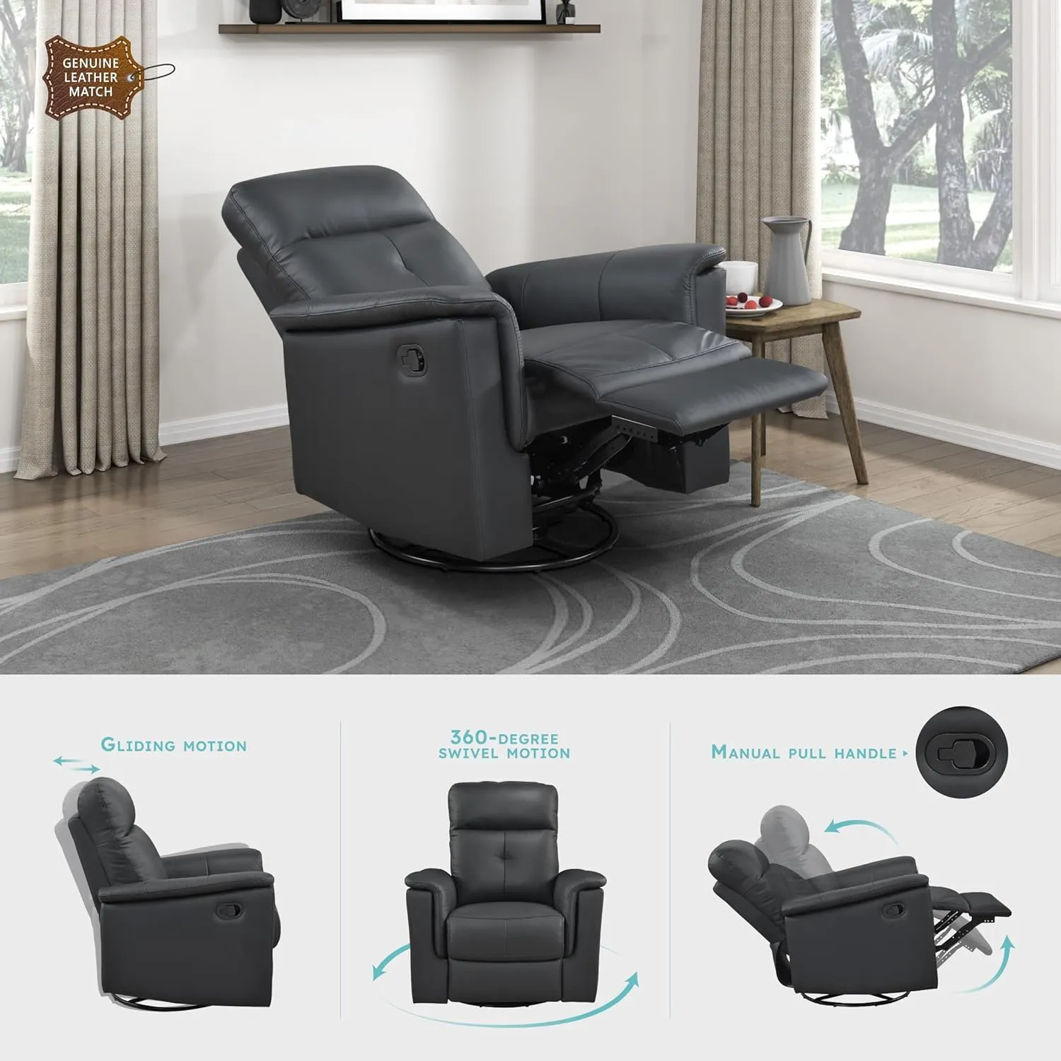 Lexicon Swivel Glider Recliner Chair, Comfy Nursery Glider, Top Grain Leather Match Recliner, Manual Reclining Chair for Living Room/Office/Apartment, Black